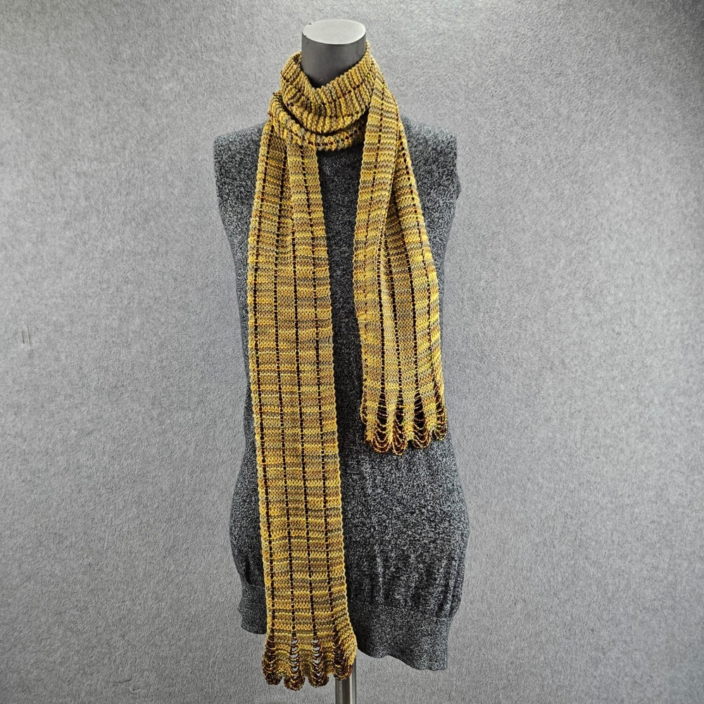 Handcrafted Beaded Knit Scarf Women OS Yellow Striped Boho Chic Fall Accessory